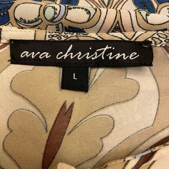 Ava Christine Beige‎ and Blue Popover Flowy Top with 3/4 Sleeves Sz L - Picture 10 of 13